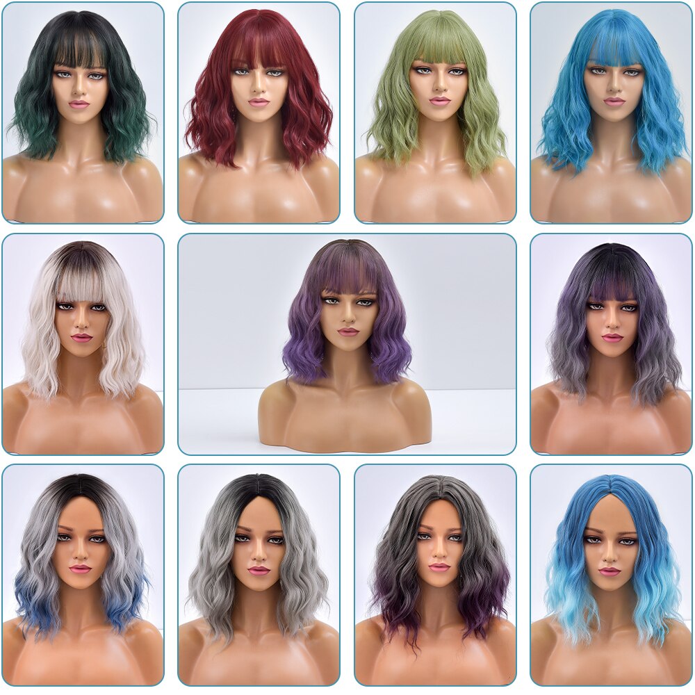 Short Bob Synthetic Wig Ombre Pink Water Wave Hair Wigs With Bangs Cosplay Lolita Heat Resistant Natural Hair