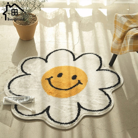 Flower Rug Living Room Nordic Smiley Flower Carpet Bedroom Bedside Area Rugs Plush Floor Mat Home Decor Non-slip Bath Mat