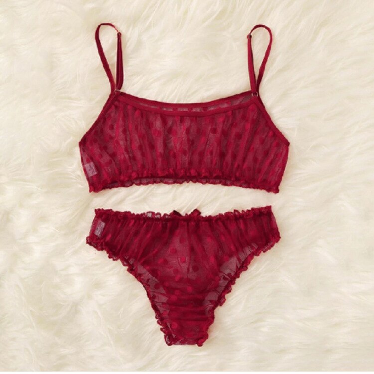 Sexy Women Underwear Lace Floral Wire Free Lingerie Set Off-Shoulder Small Chest Bralette+Thong Beachwear Transparent Bra Set