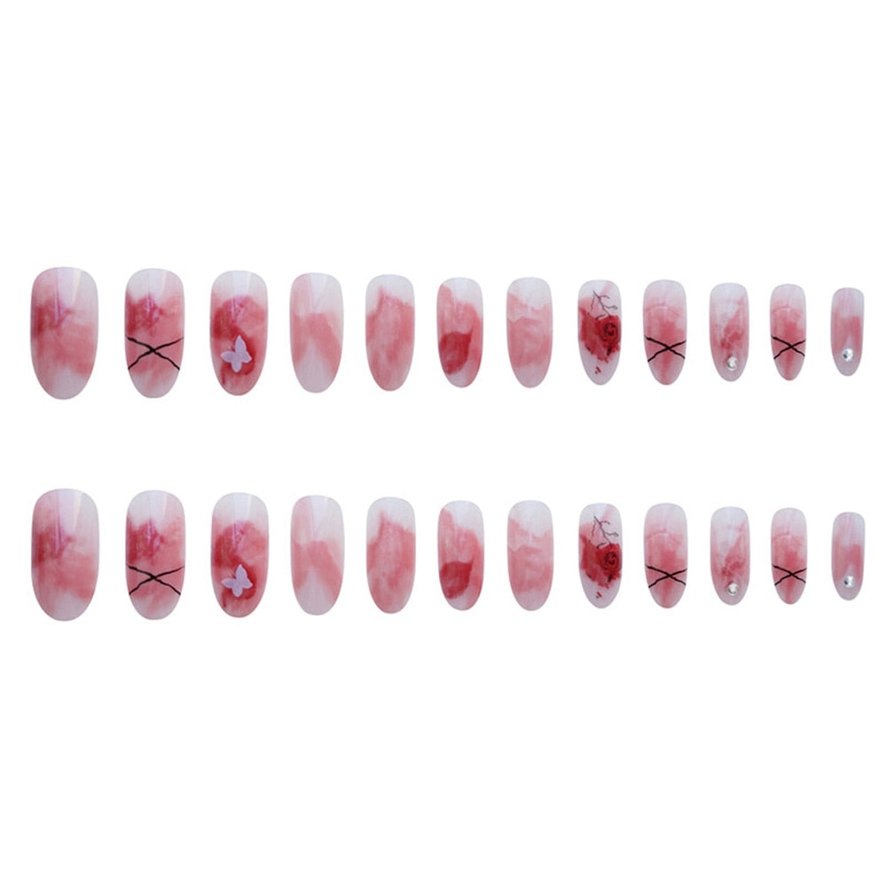 24 Pcs Artificial Wavy Line Long Round Almond False Nails Wearable French Fake Nails Full Cover Nail Tips Press On Nails