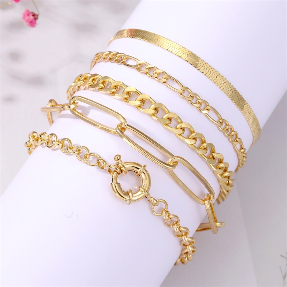 Bohemian Gold Color Angel Bracelets for Women Boho Jewelry Geometric Layered Pearl Hand Chain Charm Bracelet Set