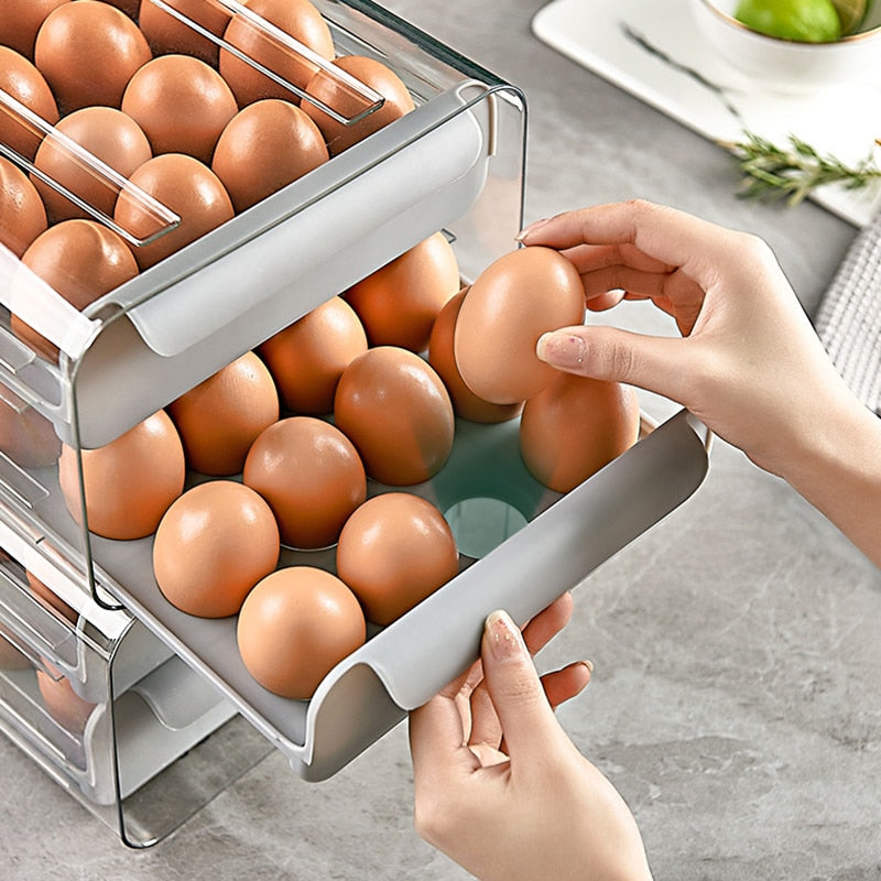32 Grids Egg Storage Box Refrigerator Transparent Double-Layer Drawer-type Egg Box Container Home Kitchen Egg Holder Organizer