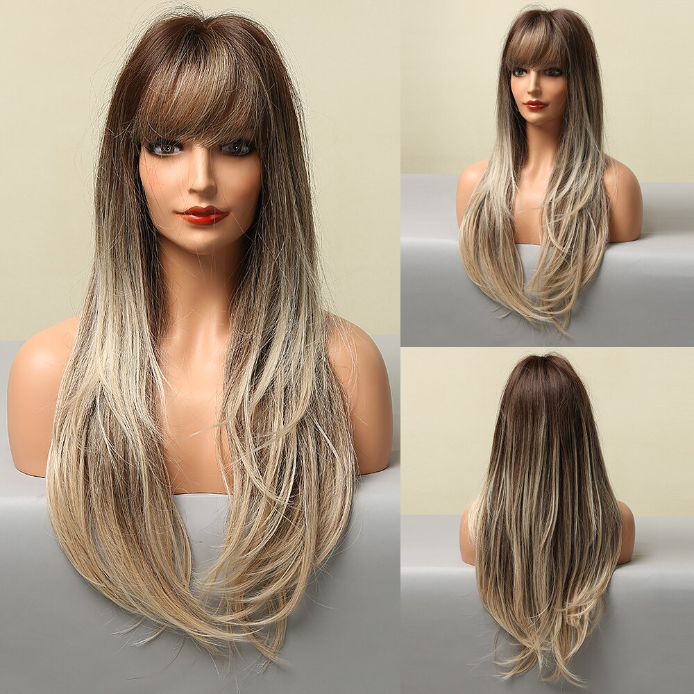Long Straight Synthetic Wig Ombre Brown Blonde Golden Heat Resistant Wigs Cosplay Party Hair Wig