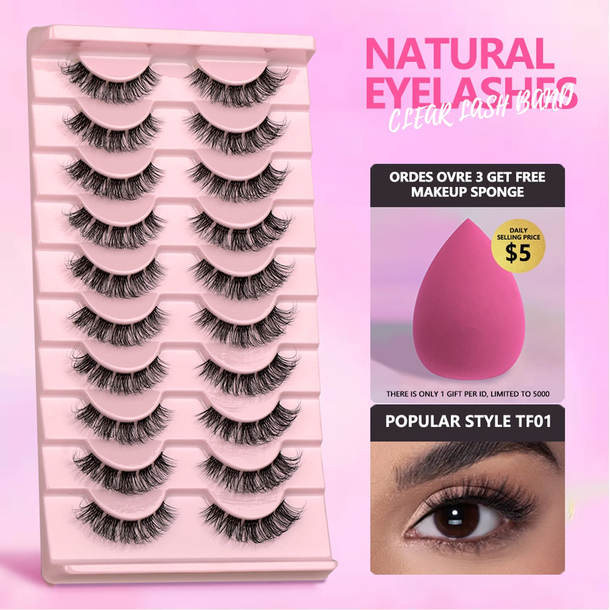 Clear Band Lashes Natural Look Wispy Mink Eyelashes Fluffy 16mm Cat Eye Lashes Pack 5D 10 Pairs Fake Eyelashes
