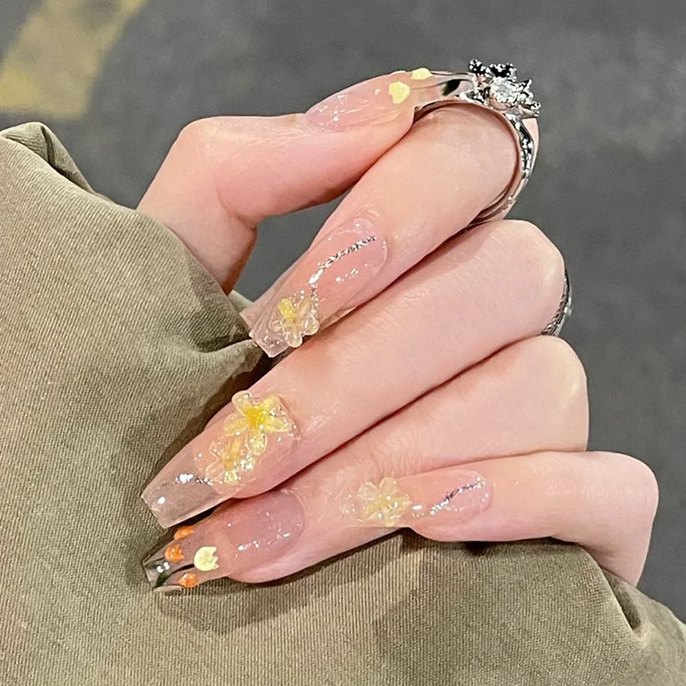 24pcs/Box Glitter Coffin False Nails Pink/White Heart Design French Ballerina Fake Nails Full Cover Nail Tips Press On Nails
