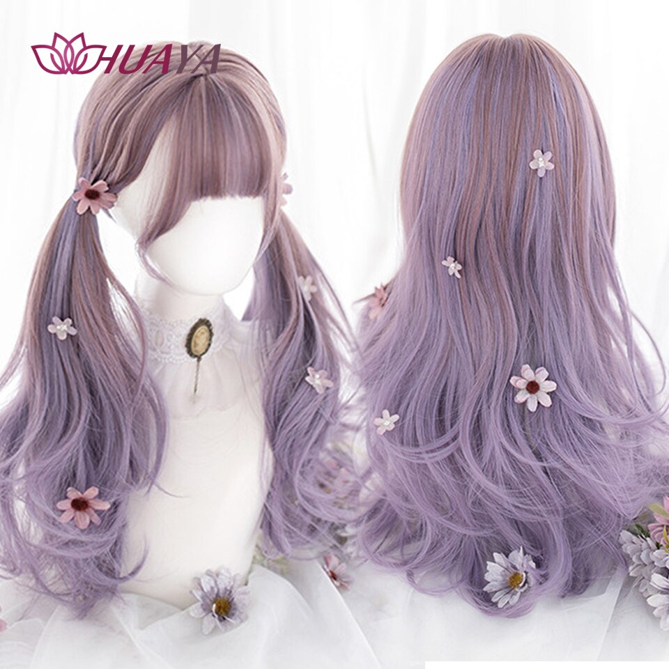 Long Straight Wig with Bangs Purple-White Heat Resistant Synthetic Hair Wigs for African American Girl Lolita Cosplay Wig