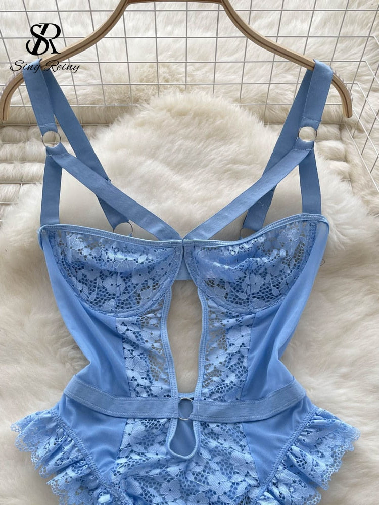 Women Erotic Sexy Lace Rompers Sleeveless Backless Slim Short Playsuit Transparent Underwear Hollow Out Mesh Bodysuits