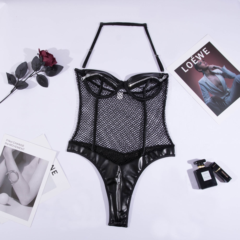 Sexy Bodysuit With Zipper Open Bra Mesh Transparent Naked Women Uncensored Halter Body Crotchless Luxury Leather Tops