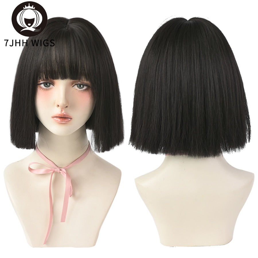 WIGS Black Short Bob Wig for Girl Daily Wear Synthetic Wig Natural Supple Summer Heat resistant Wig With Bangs