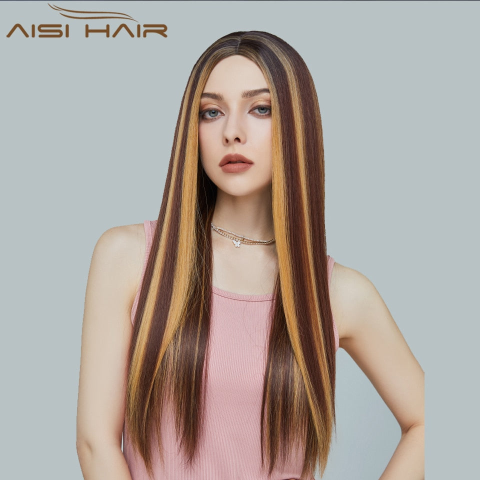 Synthetic Highlights Blonde Wig Long Straight Hair Middle Part Mixed Blonde Wig for Daily