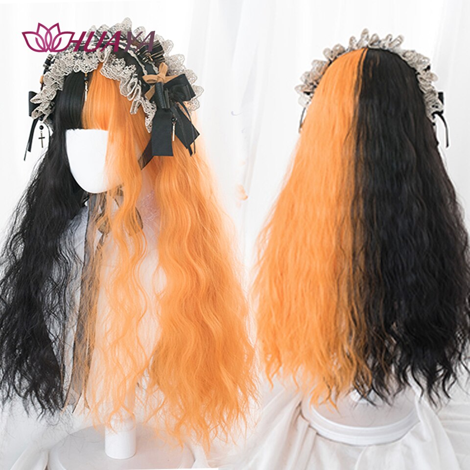 Long Straight Wig with Bangs Purple-White Heat Resistant Synthetic Hair Wigs for African American Girl Lolita Cosplay Wig