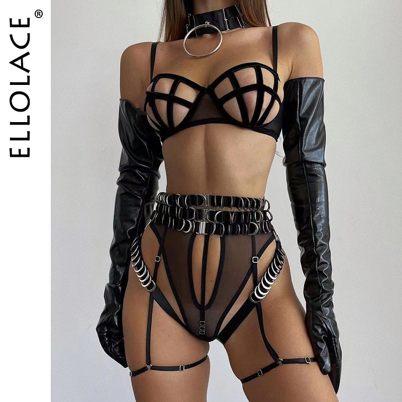 Sensual Lingerie Hollow Bra Sexy Underwear Women Body Garter Belt With Rings Naked Without Censorship 3-Piece