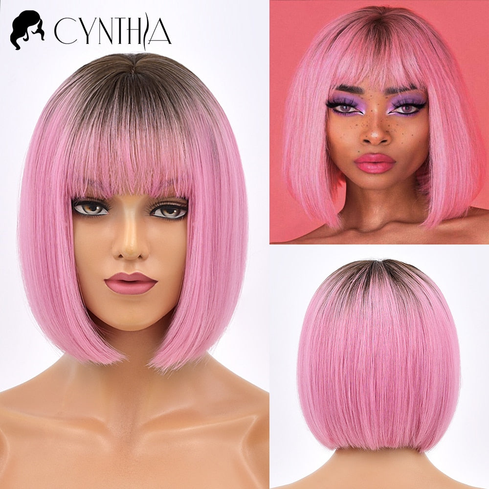 Green Short Bob Hair Synthetic Wig For Woman With Bangs Blonde Ombre Pink Cosplay Lolita Party Heat Resistant Daily Natural Hair