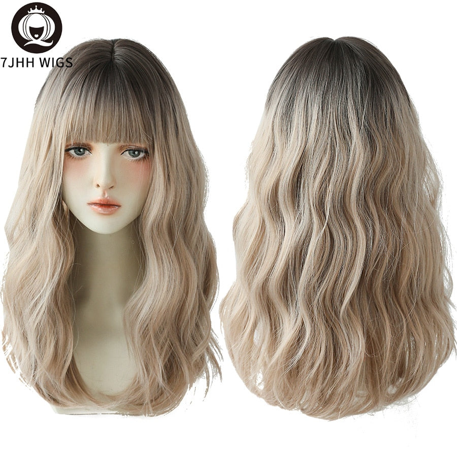 Blue Deep Wave Wig With Bangs Long Omber Brown Hair Layered Heat Resistant Cosplay Party Synthetic Wig