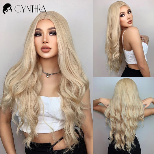 Blonde Body Wave Synthetic Wigs For Women Long Wave White Lolita Cosplay Party Natural Heat Resistant Hair