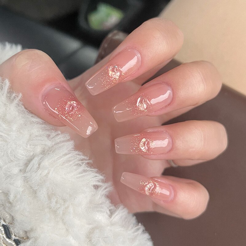 24pcs pink clouds design false nails with glue press on nails medium length acrylic nails coffin full cover nails tips supplies