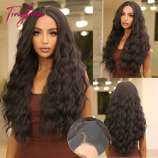 13x4Long Curly Wavy Lace Front Synthetic Wigs Dark Black Brown Deep Wave Lace Wigs Natural Cosplay Futura Hair