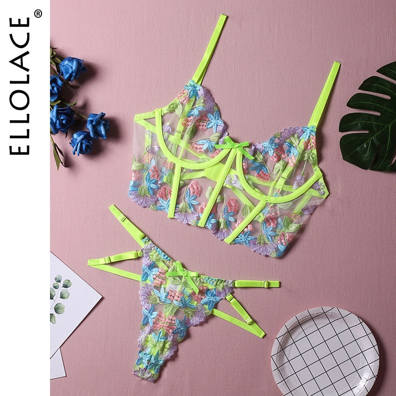 Luxury Lingerie Sexy Floral Embroidery Set Woman 2 Pieces Underwire Bra Thongs Exotic Intimate Neon Green Underwear