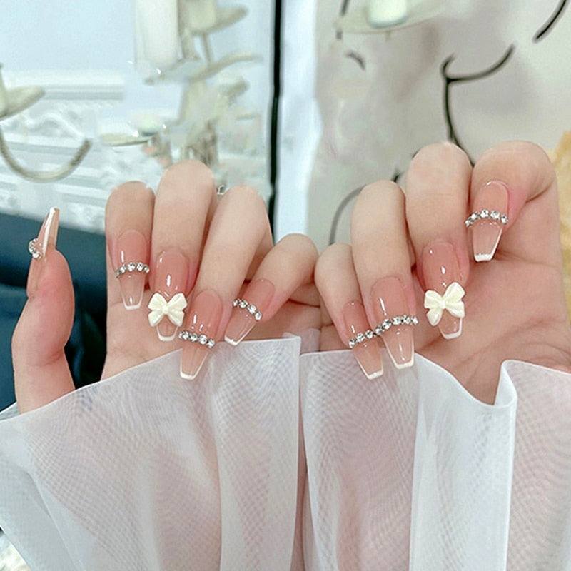 24pcs Rhinestone Design Fake Nails Shiny nail Decorations Press On nail Tips False Nail Patch