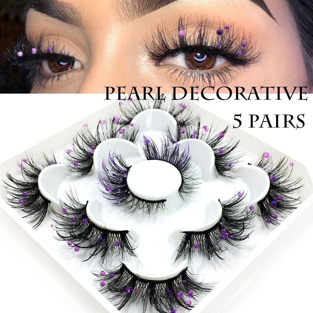1/5Pairs Colorful Rhinestones False Eyelashes Handmade Glitter Thick Fake Eyelashes Mermaid Tears Pearl Lashes Extension