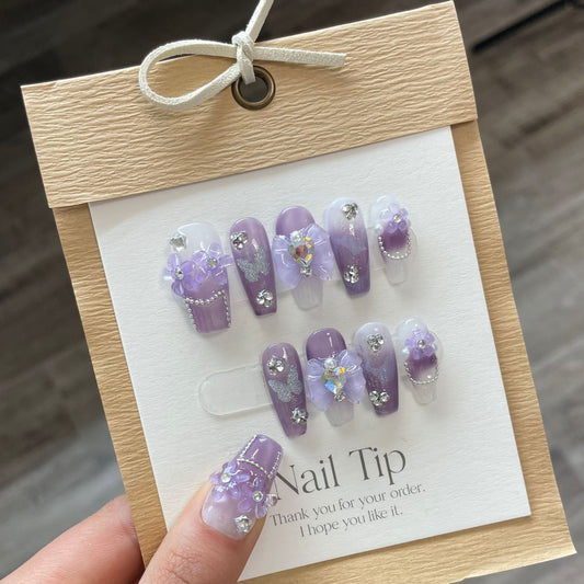 Handmade Purple Press on Nails with Glitter Design Reusable French Fake Nails with Glue Naitifical Fingernail Tips Nail Art Y2k