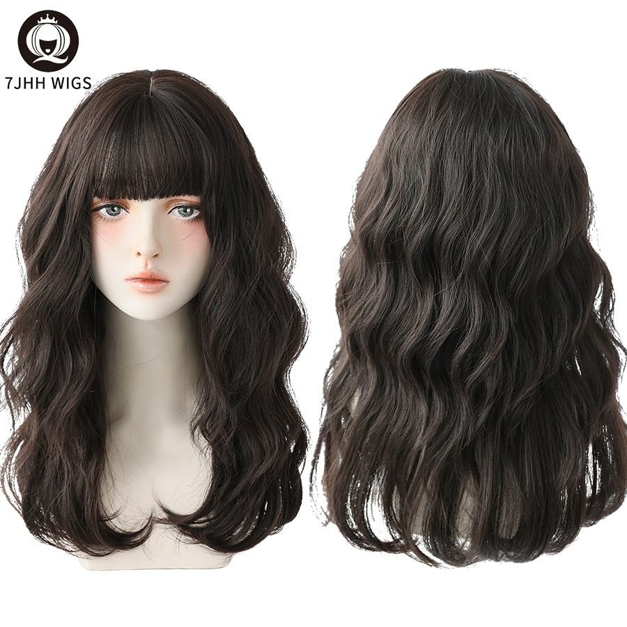 Blue Deep Wave Wig With Bangs Long Omber Brown Hair Layered Heat Resistant Cosplay Party Synthetic Wig