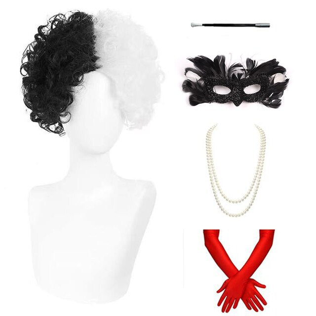 Anime Cruella De Vil Short Cruly Half Black And Half White Wavy Band Bangs Ladies Cosplay Wig Synthetic Halloween Wig + Wig Cap