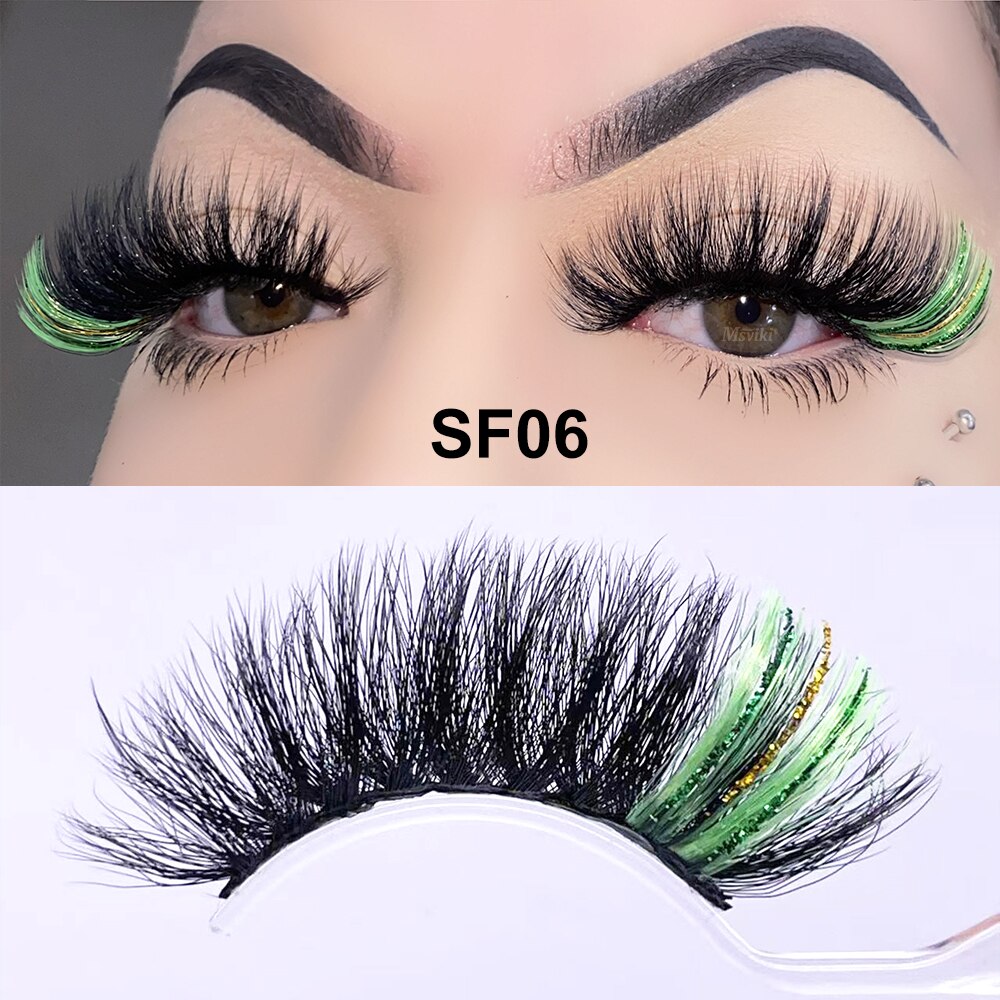 Fluffy 25MM Mink Eyelashes Colored Lashes With Glitter Pink White Red Blue 5D Lashes
