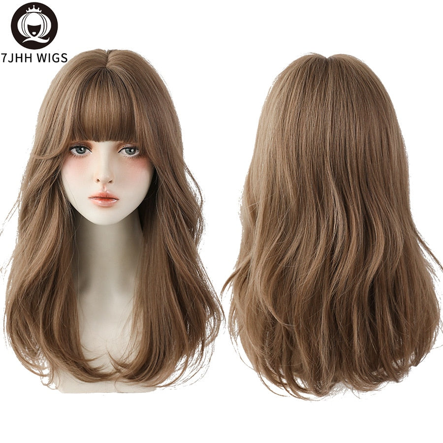 Blue Deep Wave Wig With Bangs Long Omber Brown Hair Layered Heat Resistant Cosplay Party Synthetic Wig