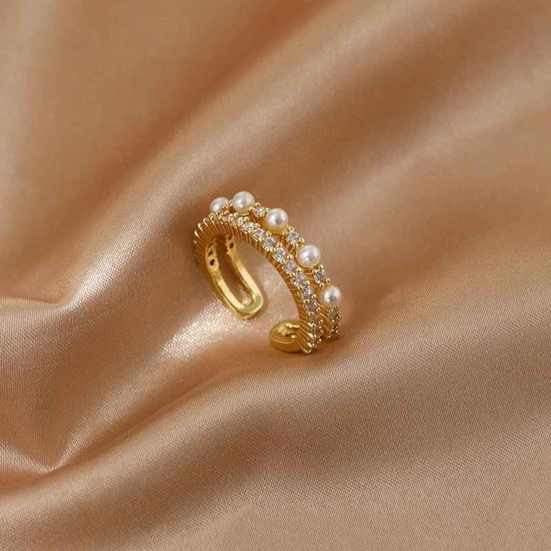Luxury Gold Color Pearl Zircon Rings Vintage Sexy Open Joint Elegant
