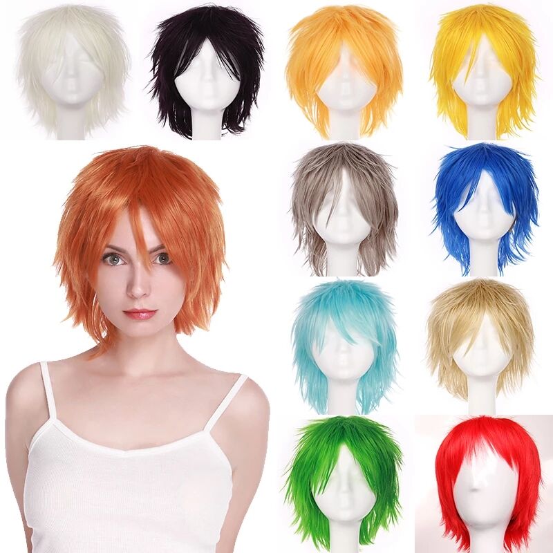 Synthetic Wig Cosplay Wig White Red Green Blue Pink Yellow Hair Short Layer Wig Fake Hair Extension Women Party Wig