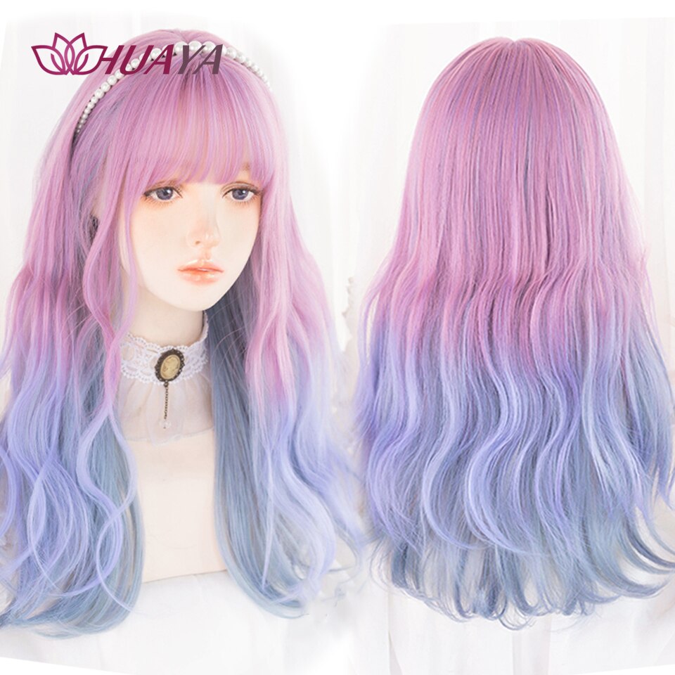 Long Straight Wig with Bangs Purple-White Heat Resistant Synthetic Hair Wigs for African American Girl Lolita Cosplay Wig