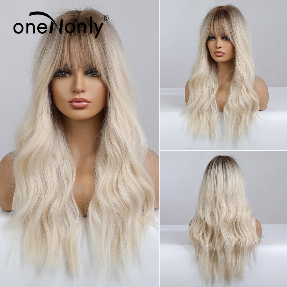 Purple Blue Wig with Bangs Long Wavy Cosplay Lolita Women Wigs Halloween Party High Temperature Hair