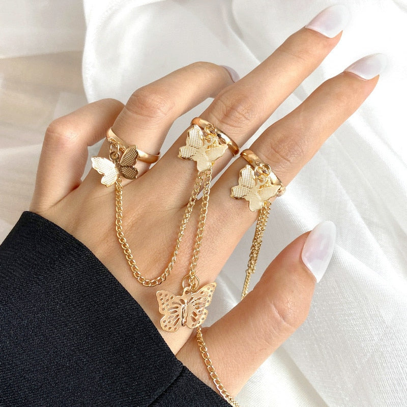 Vintage Bohemian Butterfly Gold Color Ring Sets Zircon Flower Leaf Open Rings for Women Simple Knuckle Accessories