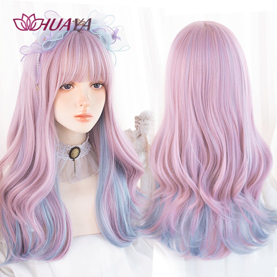 Long Straight Wig with Bangs Purple-White Heat Resistant Synthetic Hair Wigs for African American Girl Lolita Cosplay Wig