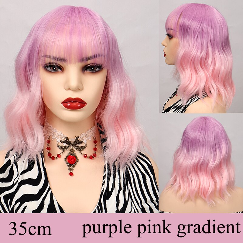 Synthetic Short Water Wave Cosplay Bob Wig with Bangs Heat-resistant Fiber Lolita Wigs For Women Daily Wear