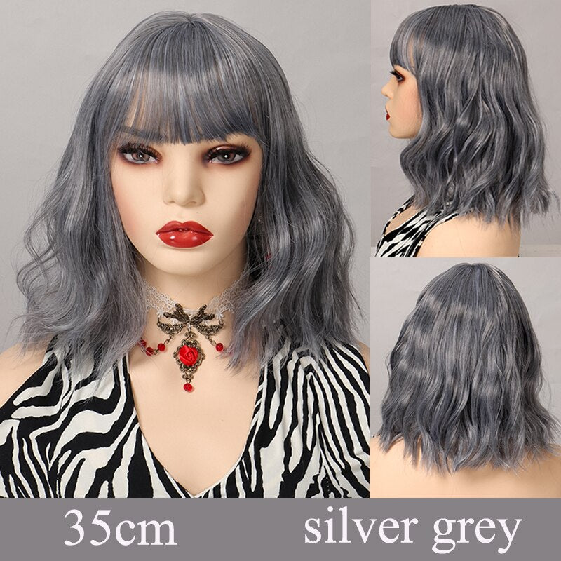 Synthetic Short Water Wave Cosplay Bob Wig with Bangs Heat-resistant Fiber Lolita Wigs For Women Daily Wear