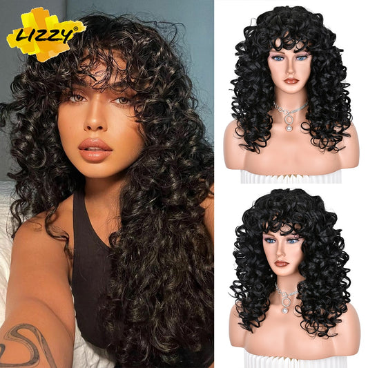 Short Curly Synthetic Hair Wigs For Women Natural Loose Curly Fluffy Soft Cosplay Black Wig With Bangs Heat Resistant