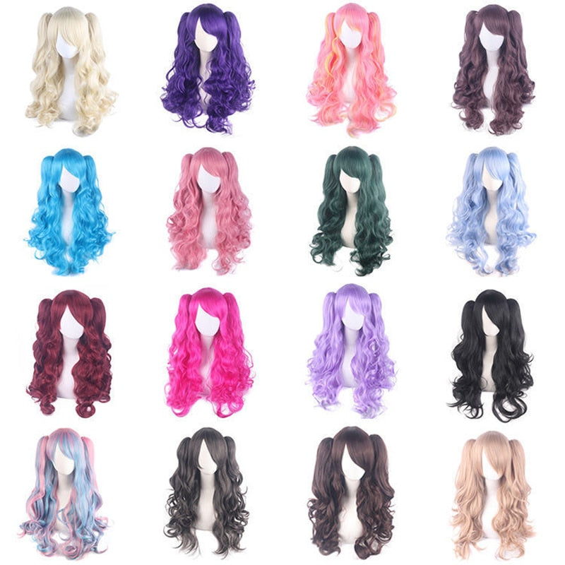 Ladies Long Lolita Double Ponytail Cosplay Synthetic Wig Half Black Half Red Halloween Gold Pink Red Halloween Party Wig