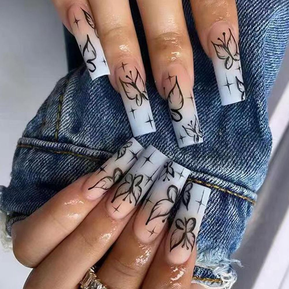 24pcs/Box Glitter Coffin False Nails Pink/White Heart Design French Ballerina Fake Nails Full Cover Nail Tips Press On Nails