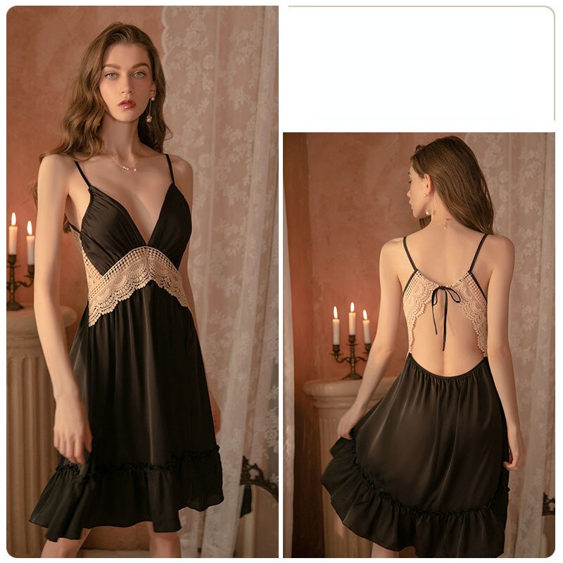Summer Women Nightgowns Sexy Sleepwear Spaghetti Strap Babydoll Chemise Backless Loungewear Lace Short Nightdress