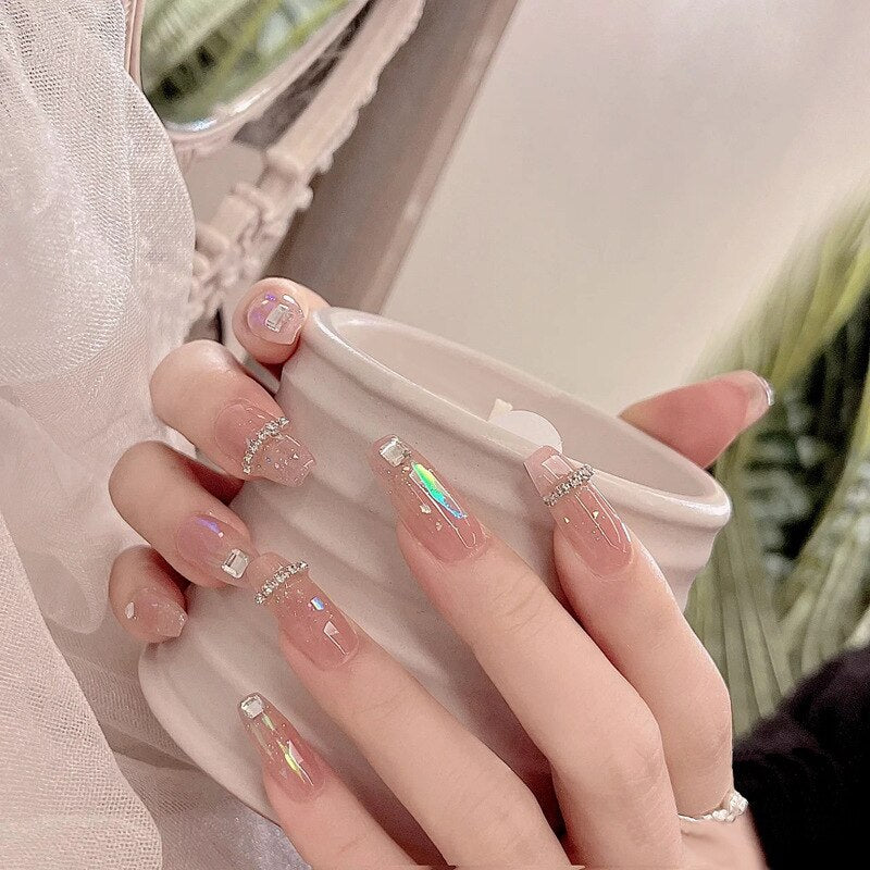 24pcs pink clouds design false nails with glue press on nails medium length acrylic nails coffin full cover nails tips supplies