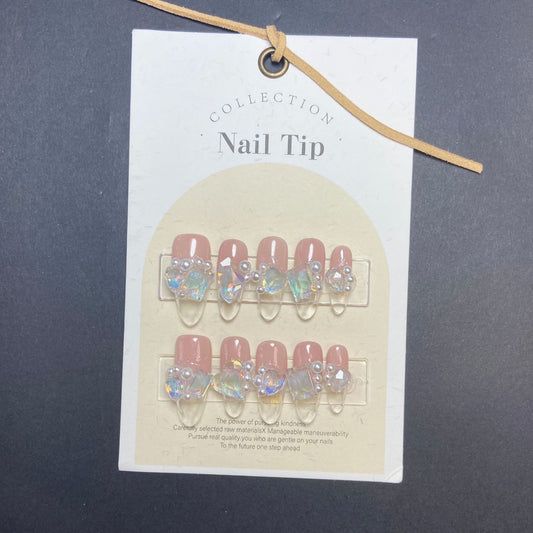 Sea Salt style Crystal Illusion Fake Nail Translucent Bottom Rhinestone Fingertip Clear Long Almond Handmade Wearable False Nail