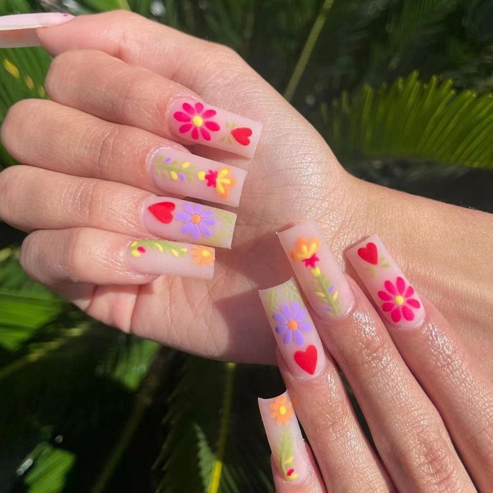 24pcs/Box Glitter Coffin False Nails Pink/White Heart Design French Ballerina Fake Nails Full Cover Nail Tips Press On Nails