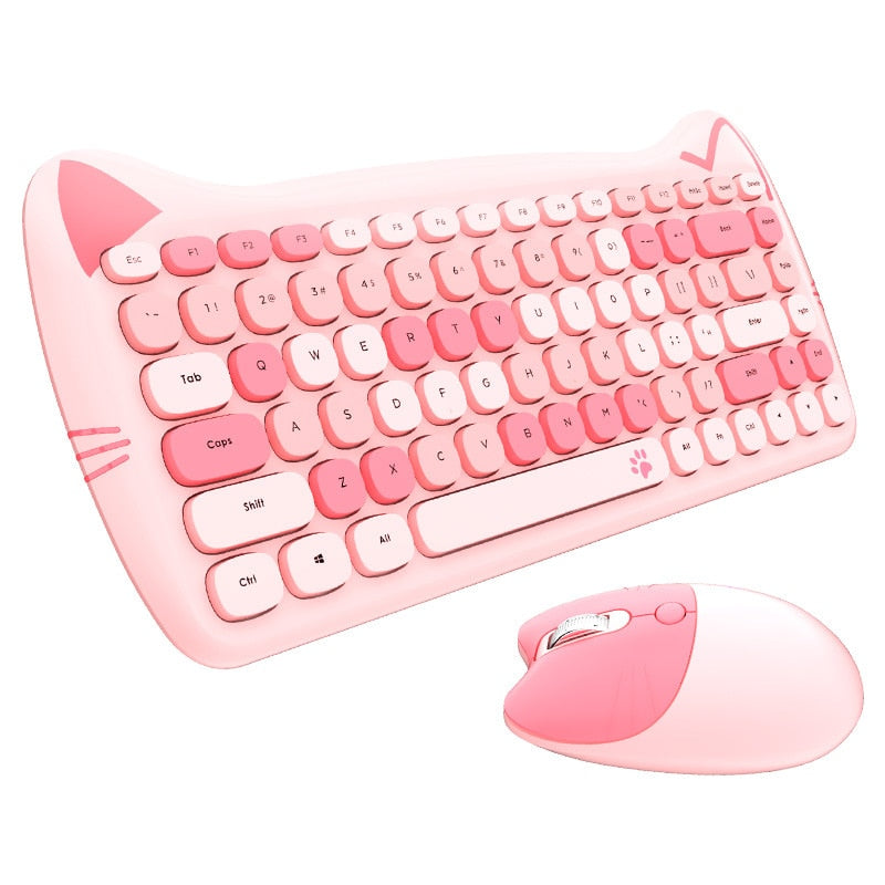 Cute Cat 2.4G Wireless Ergonomics Keyboard Set Mixed Candy Color Keycap Keyboard and Mouse Comb for Laptop Notebook PC