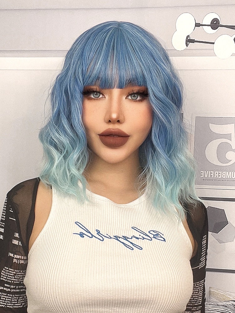 Cynthia Blue Ombre Short Bob Synthetic Wigs For Women With Bangs Body Wave Cosplay Lolita Wig White Natural Heat Resistant Hair