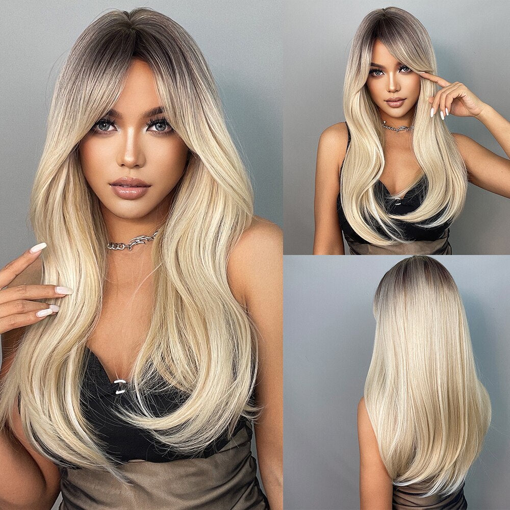 Long Straight Synthetic Wig Ombre Brown Blonde Golden Heat Resistant Wigs Cosplay Party Hair Wig