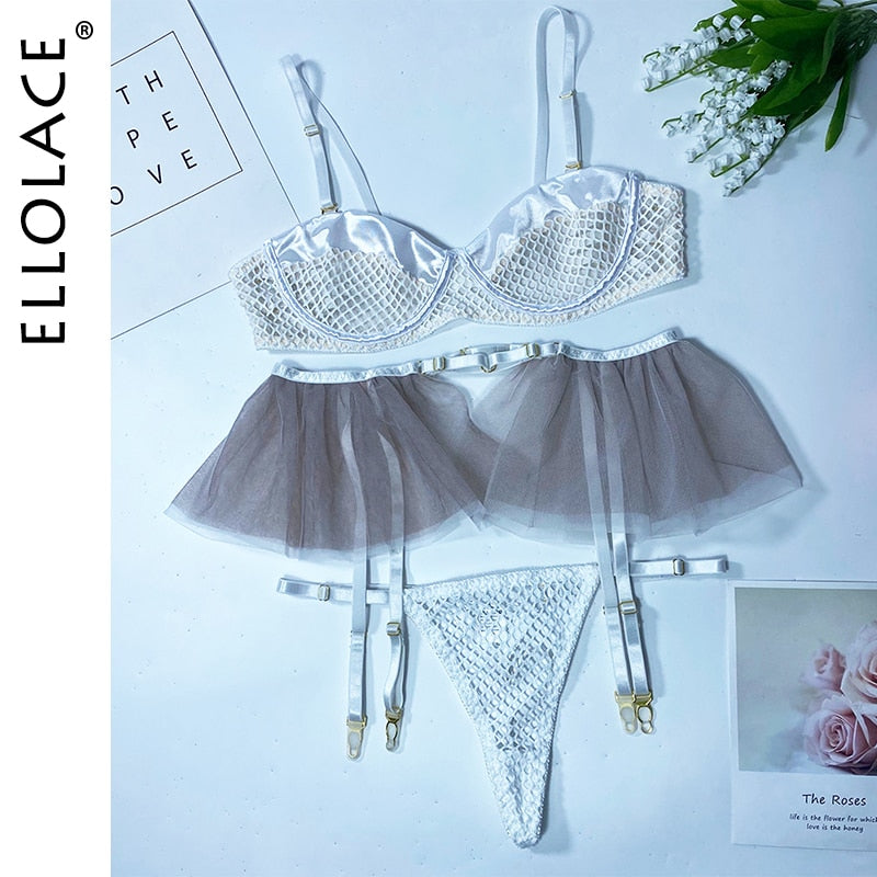 Sexy Lingerie Sensual Fancy Underwear Ruffle Garter Belt Set 3-Piece Lace Padded Bra Delicate Luxury Erotic Sets