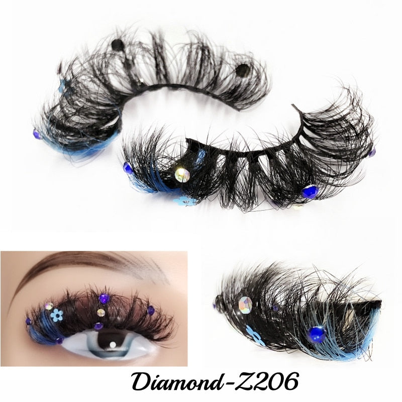 20MM Faux Mink Color Diamond Butterfly Flower Eyelashes Fluffy Wispy Thick Blue Pink Red Bulk False Lashes
