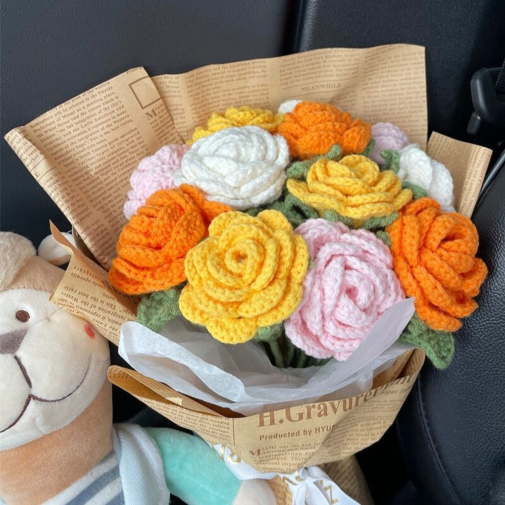 10pcs Hand-knitted Yarn Crochet Sunflower Bouquet Handmade Daisy Tulip Rose Decorative Home Creative Decorate